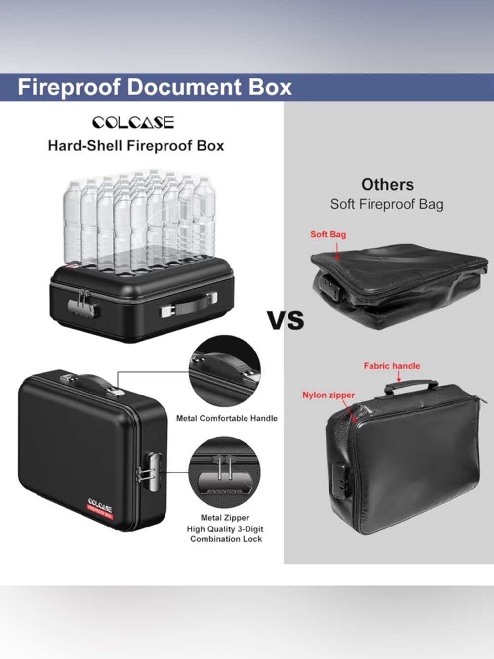 COLOCASE Black Hard Box Fireproof Document Organizer - Picture 3 of 8